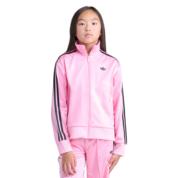Youth pink track jacket on model, full zip front with black triple-stripe sleeves