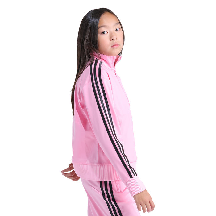 Youth pink track jacket with raised collar, black stripes along sleeves