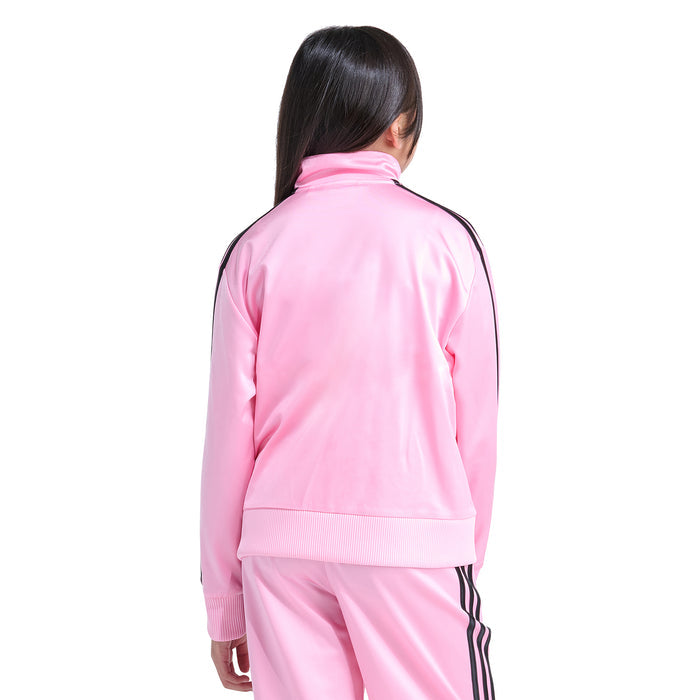 Youth pink track jacket back view with black stripe trim and ribbed waistband