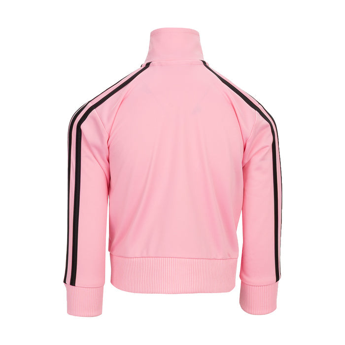 Youth pink track jacket back view with black panel stripes and ribbed hem
