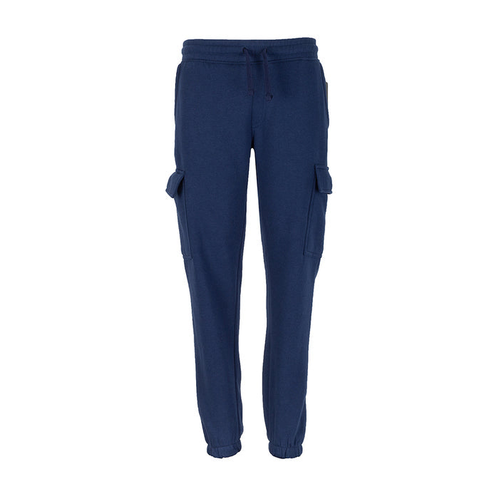 Youth navy fleece cargo pants with drawstring waist and side cargo pockets