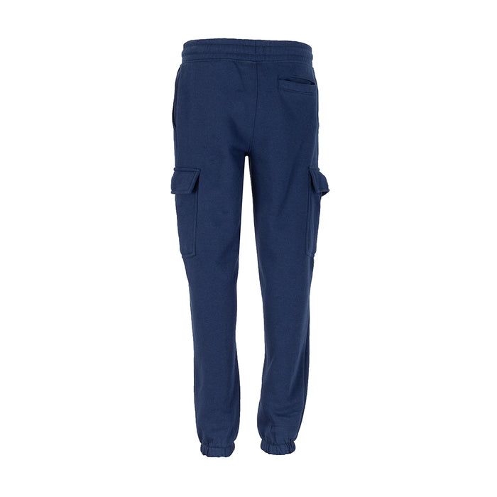 Youth navy fleece cargo pants, back view, side cargo pocket detail