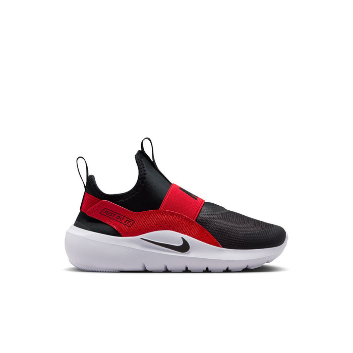 Kids running sneaker, black and red with white midsole and Nike Swoosh