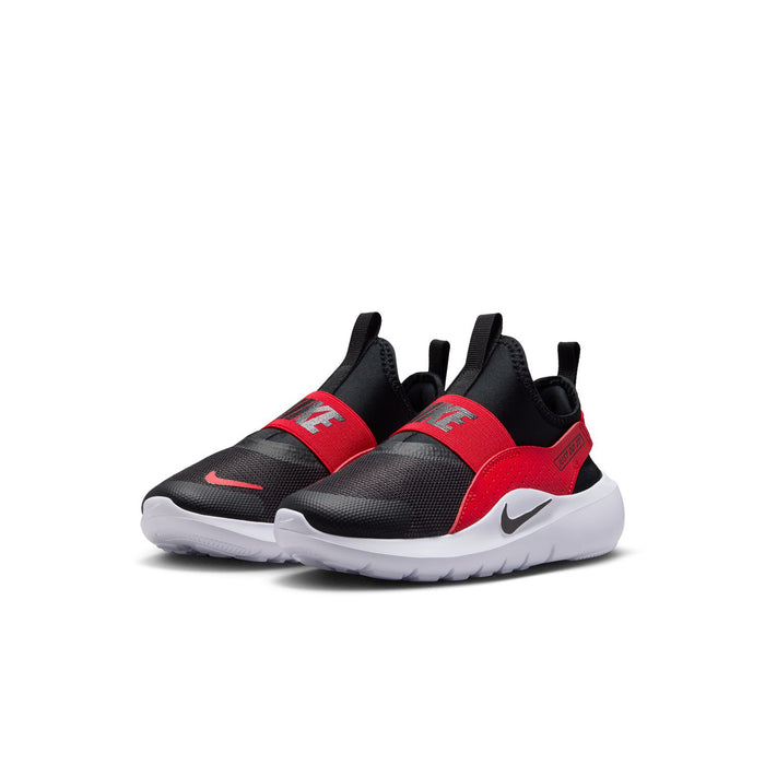 Kids running sneaker, black upper with red straps, white midsole, Nike Swoosh