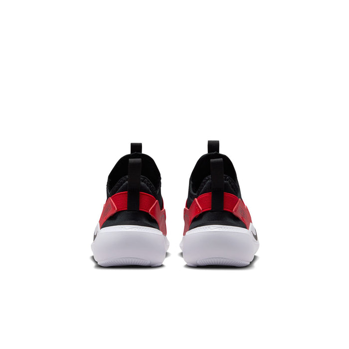 Kids running sneaker heel view, black and red uppers with white cushioning
