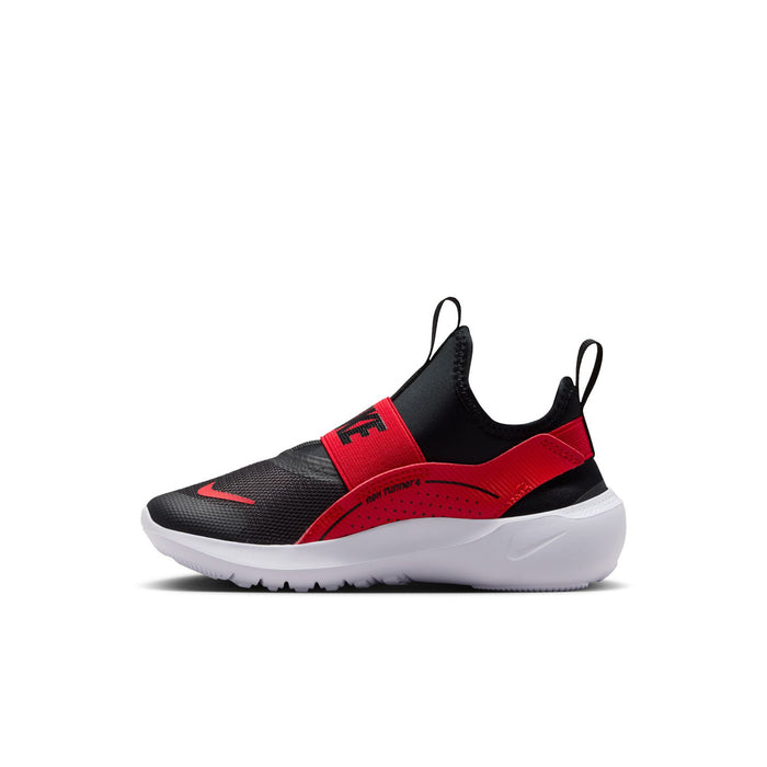Kids running sneaker with red strap detail, black mesh upper and white midsole