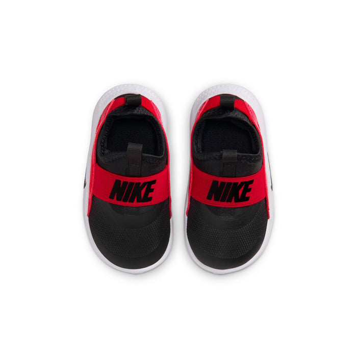 Toddler sneaker pair, black uppers with red accents and NIKE logo on the heel