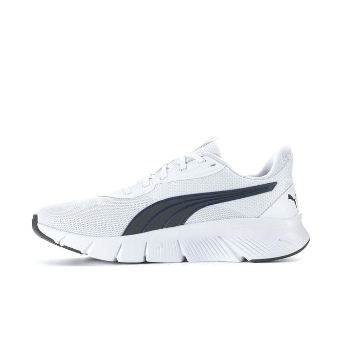 Men's white running shoe with black side stripe and textured cushioned sole
