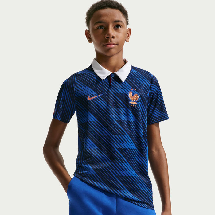 Youth France stadium home jersey in blue with white collar and red rooster crest