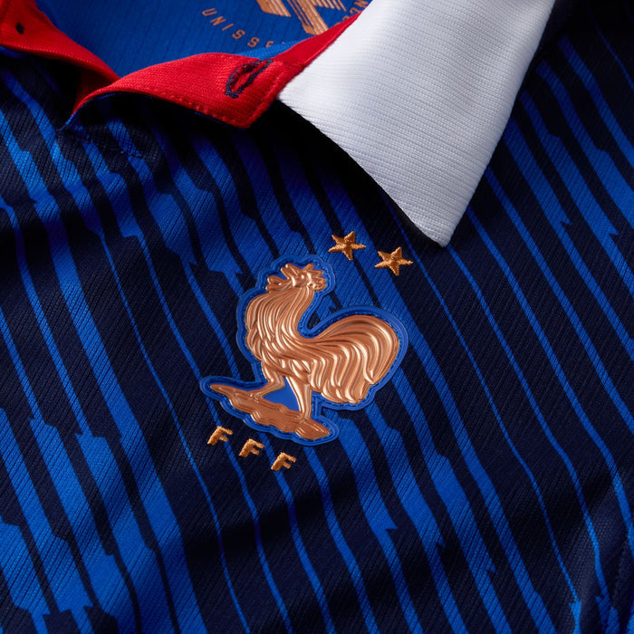 Embroidered France rooster crest on blue striped youth jersey with white and red collar