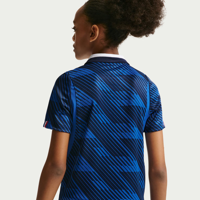 Youth France home jersey back view in Game Royal blue with subtle striped pattern