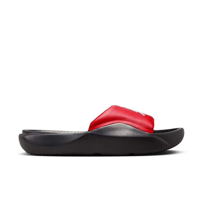 Men's black slide sandals with red strap and gray footbed detail