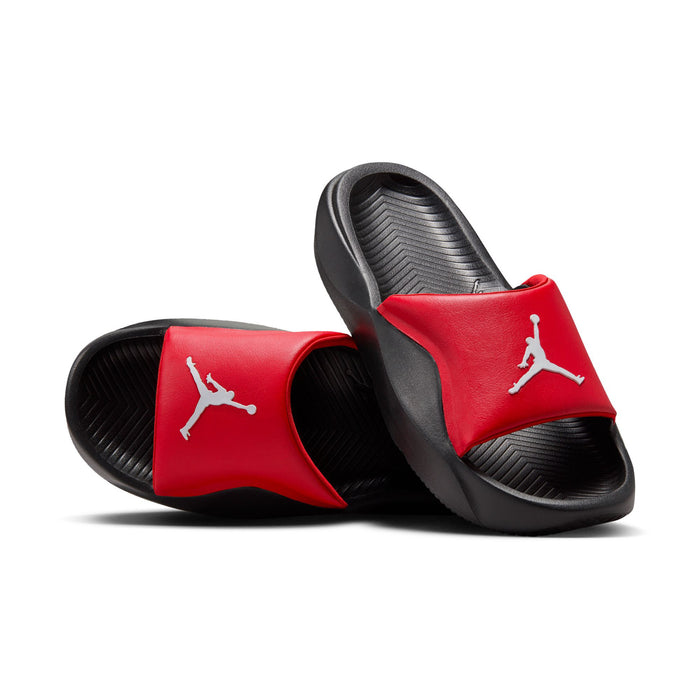 Men's red and black slide sandals pair with white Jumpman logos on straps