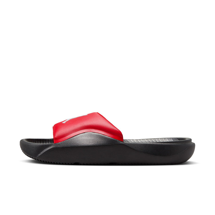 Men's black slide sandals with raised red strap and cushioned gray footbed