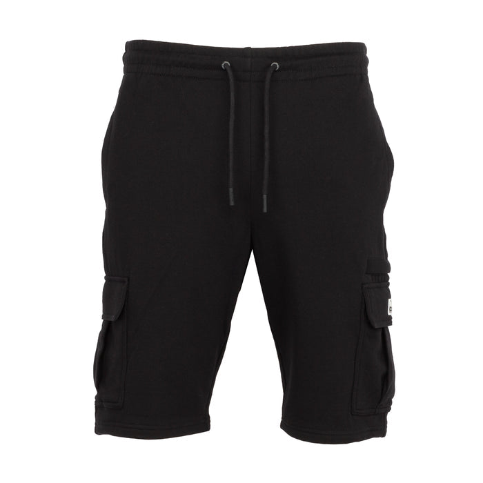 Men's black French terry cargo shorts with drawstring waist and side cargo pockets