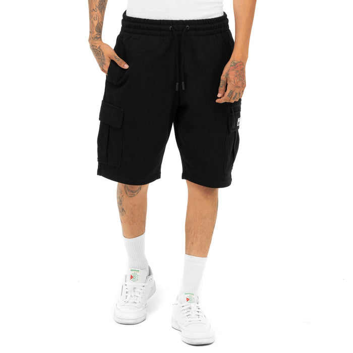 Men's black cargo shorts with drawstring waist and multiple side pockets