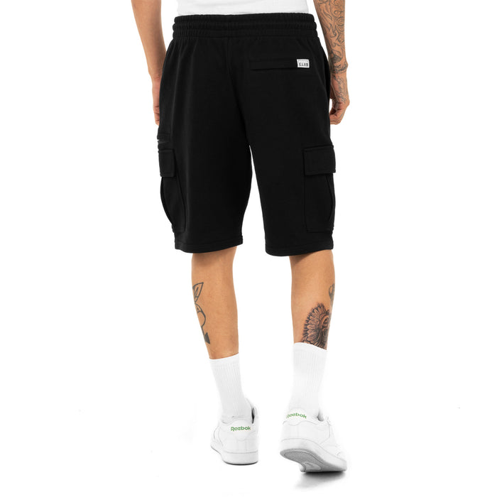 Men's black cargo shorts from back view with drawstring waist and cargo pocket