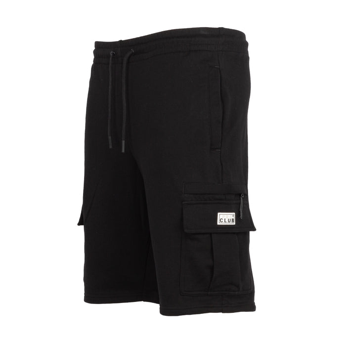 Men's black cargo shorts with flap pocket and stitched Club label detail