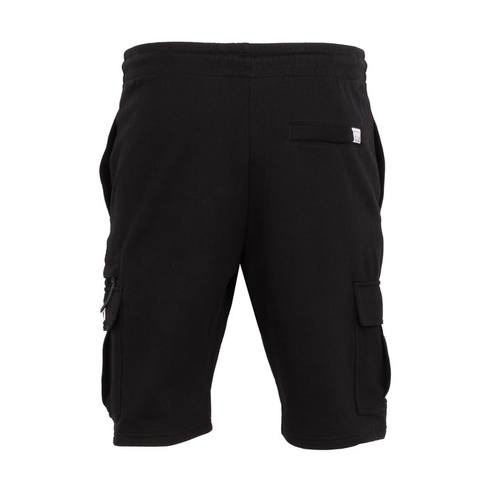 Men's black cargo shorts with side cargo pockets and small back logo patch