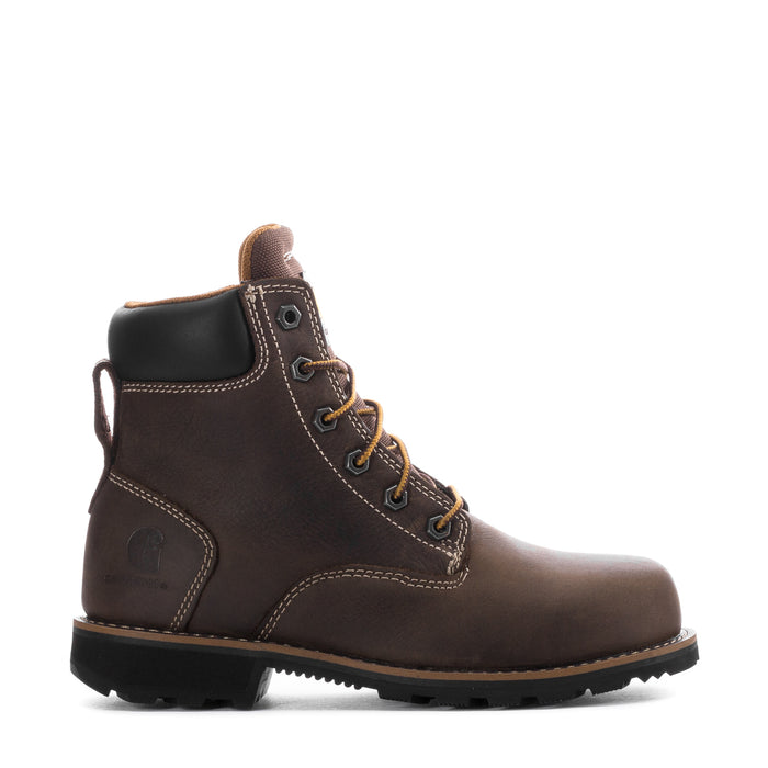 Brown 6-inch lace-up work boot with black collar and rugged tread sole