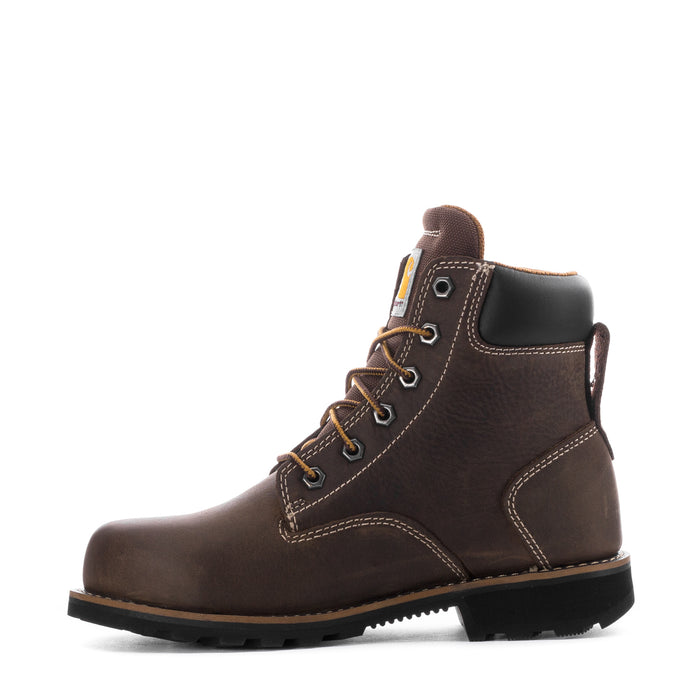 Brown 6-inch lace-up work boot, side view, black ankle panel, textured outsole