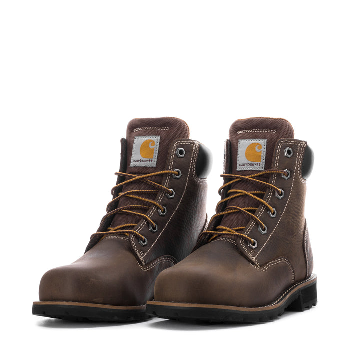 Pair of brown 6-inch lace-up work boots with black ankle panels and thick tread