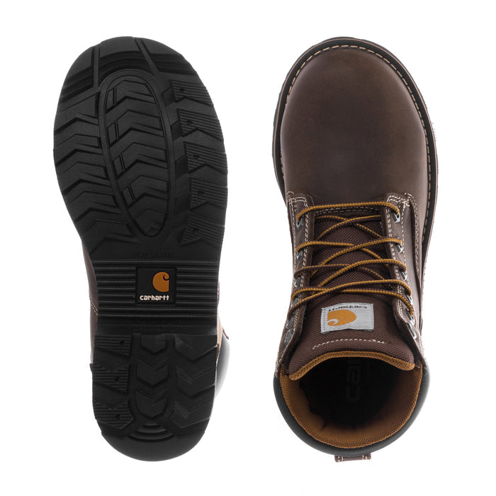 Carhartt brown 6-inch work boot outsole and interior collar, lace-up style