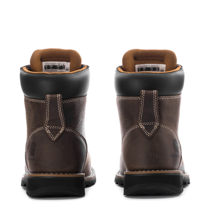 Brown 6-inch work boot back view, padded heel, stitched panels, rugged sole