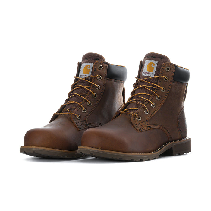 Pair of brown 6-inch lace-up work boots, side view, rugged outsole tread