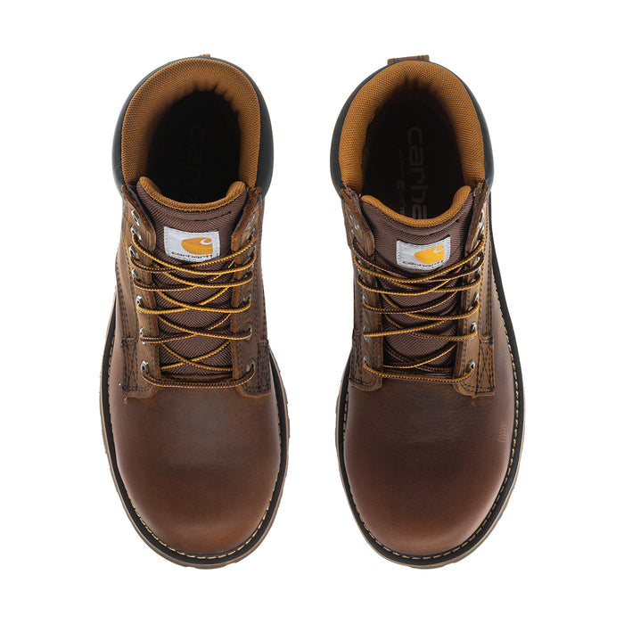 Brown 6-inch lace-up work boots, top view, padded collar and rounded toe