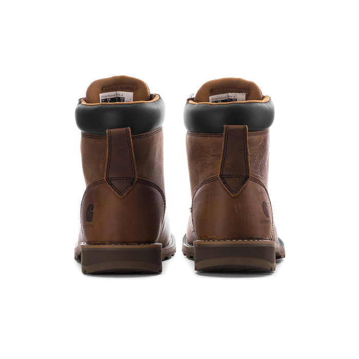 Brown 6-inch work boots, back view with heel counter and padded collar