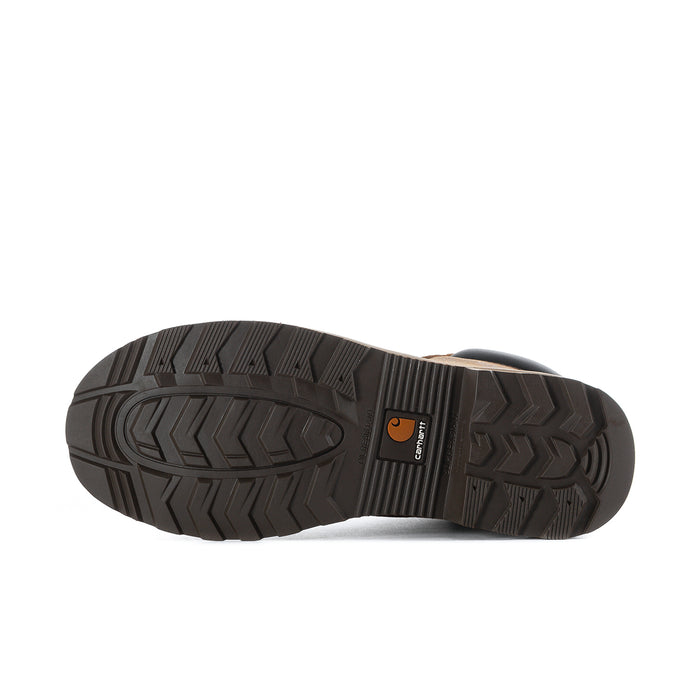 Brown boot outsole with deep tread pattern and textured rubber grip
