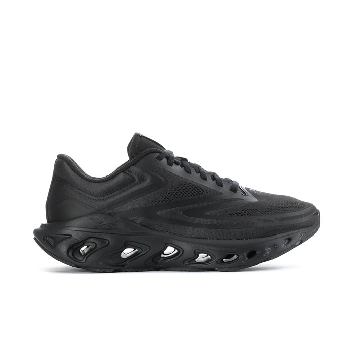 Black men's lace-up running shoe with mesh upper and sculpted, rocker-style sole