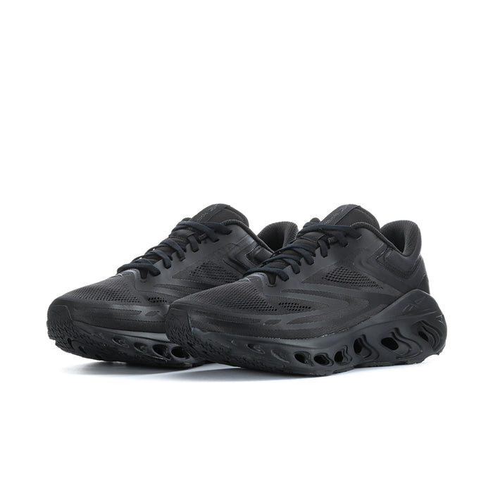 Black men's lace-up running shoes, side view, with thick cushioned outsole