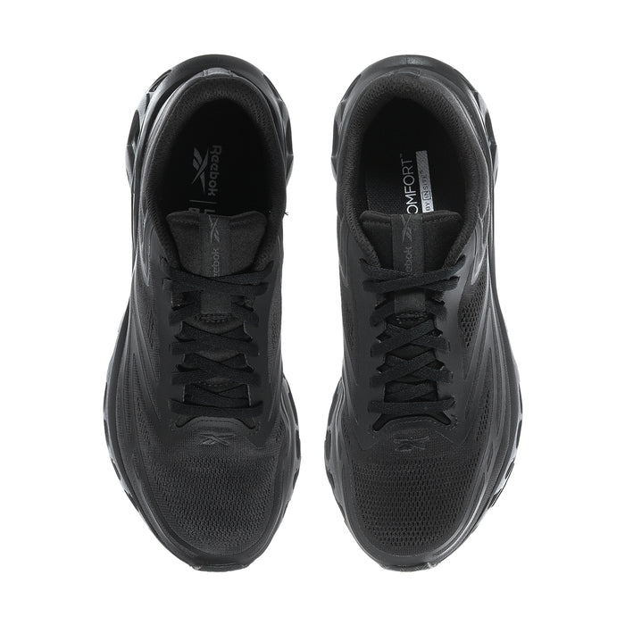 Black men's running shoes, front view, with lace-up mesh upper and padded tongue