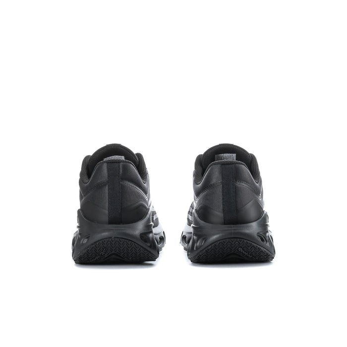 Black men's running shoes, heel view, with padded collar and supportive back