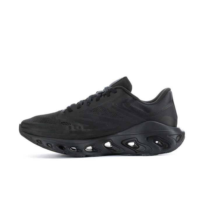 Black men's lace-up running shoe, angled side view, with ventilation cutouts