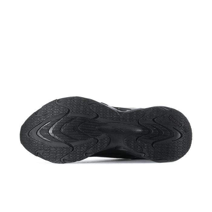 Black men's running shoes, outsole view, textured tread for grip