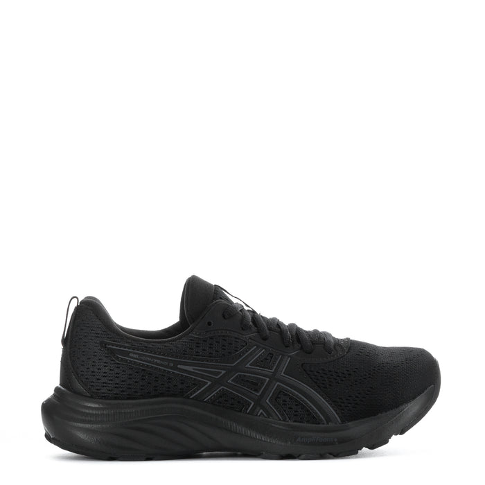 Black women's running shoe with mesh upper, lace-up closure, and sporty side logo