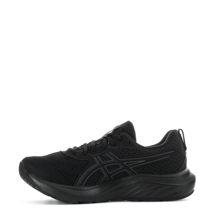 Black women's running shoe viewed from side, lace-up design with padded collar