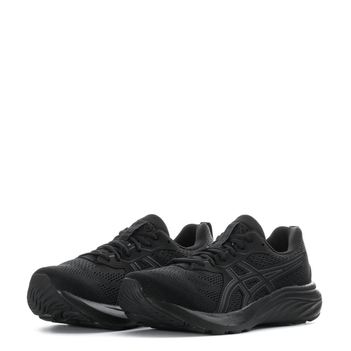 Black women's running shoe in front 3/4 view, textured upper and GEL-style midsole