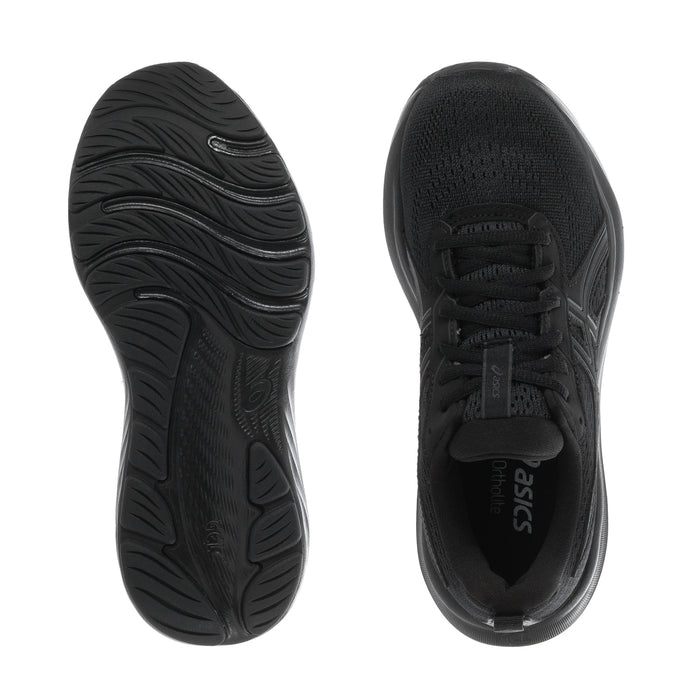 Black women's running shoe pair showing outsole tread and lace-up heel view