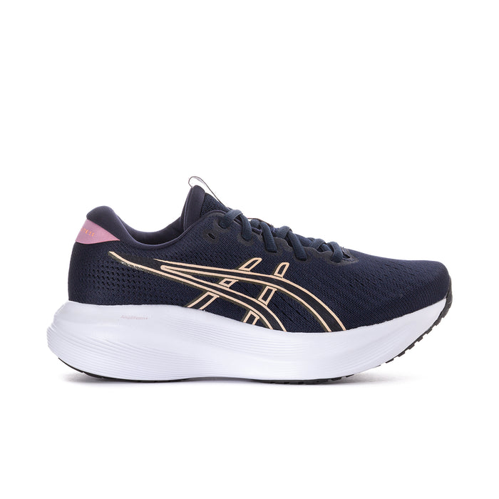 Women's navy running shoe with gold stripe logo, pink heel detail, and white midsole