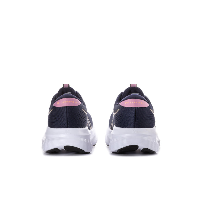 Women's navy running shoes with white sole and pink heel stripe, rear view