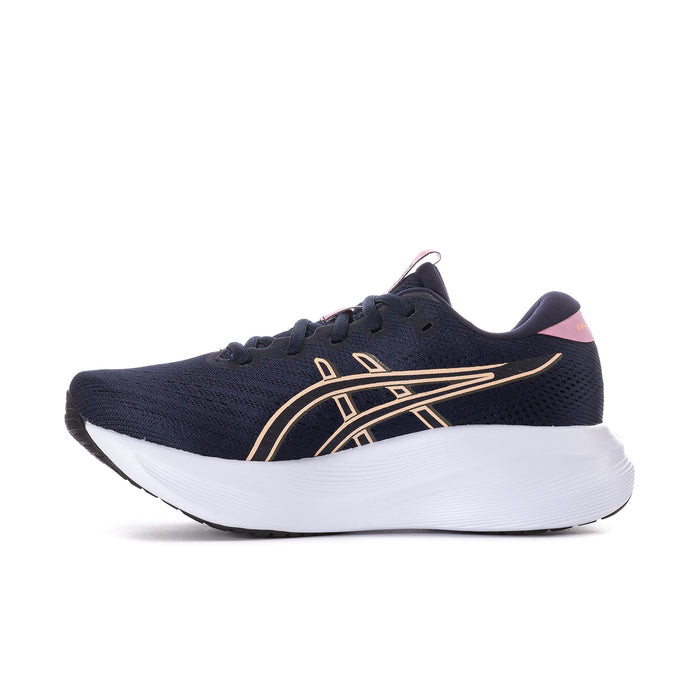 Women's navy running shoe with gold side stripes and white cushioned sole