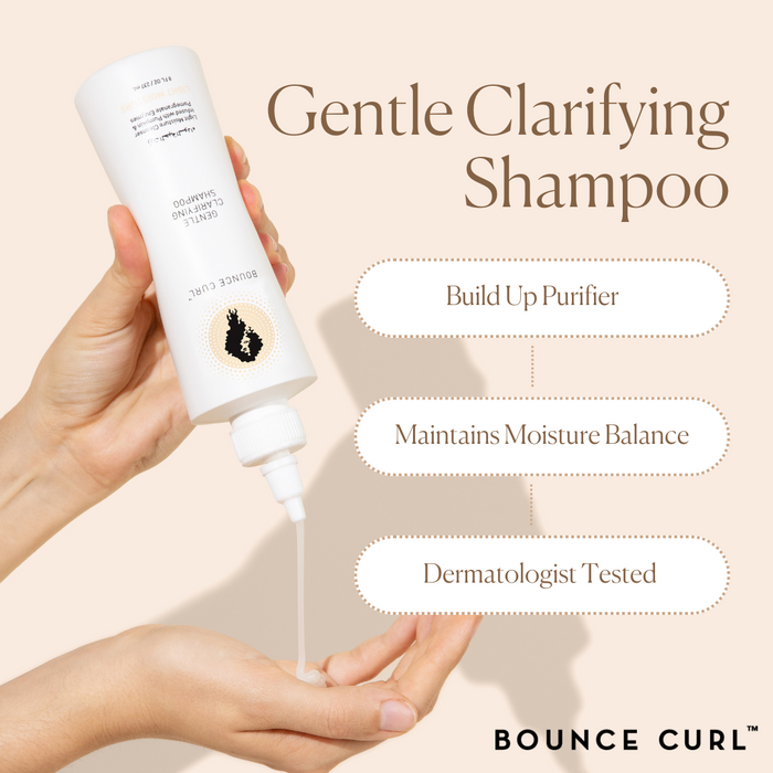 Bounce Curl Gentle Clarifying Shampoo poured into hand; removes buildup and balances moisture.