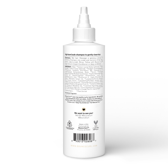 The back of a Bounce Curl bottle where directions and ingredients are located