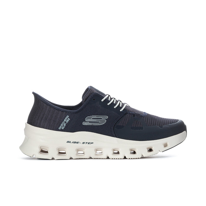 Men's navy and white lace-up sneakers with cushioned tread sole.