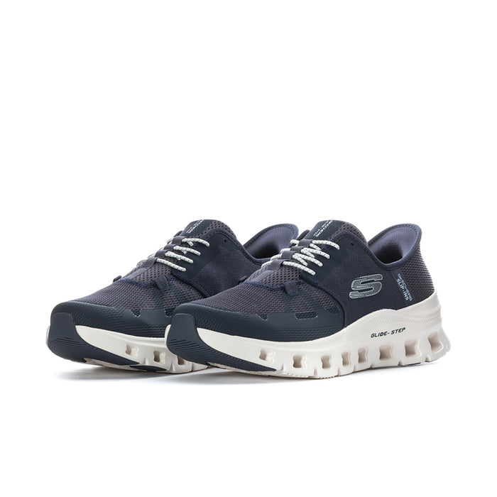 Men's navy mesh lace-up sneakers with white platform outsole and cushioning pods.