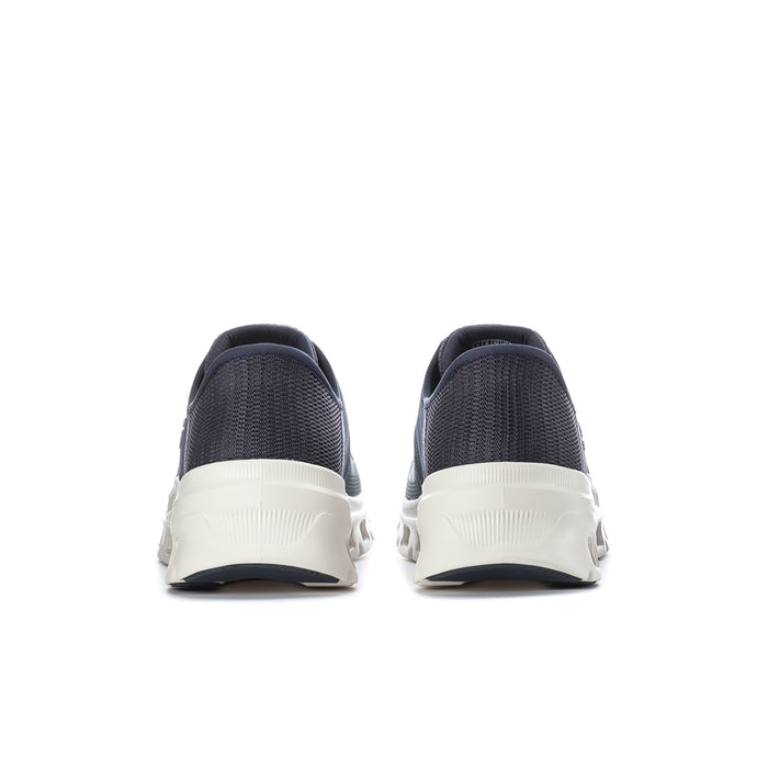 Men's navy sneakers with white heel counters and rear cushioned platform sole.